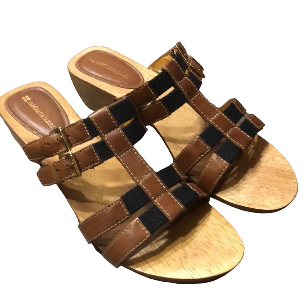 Naturalizer 9M Athina Cavalier Wood Slide Sandals Slip On Heels Buckles